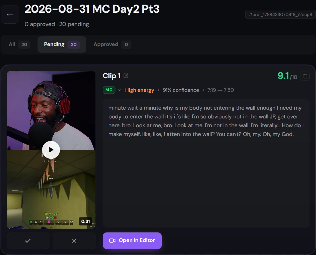 A Corva project listing the clips it found in a recording, each scored out of 10 with its energy, confidence and transcript.